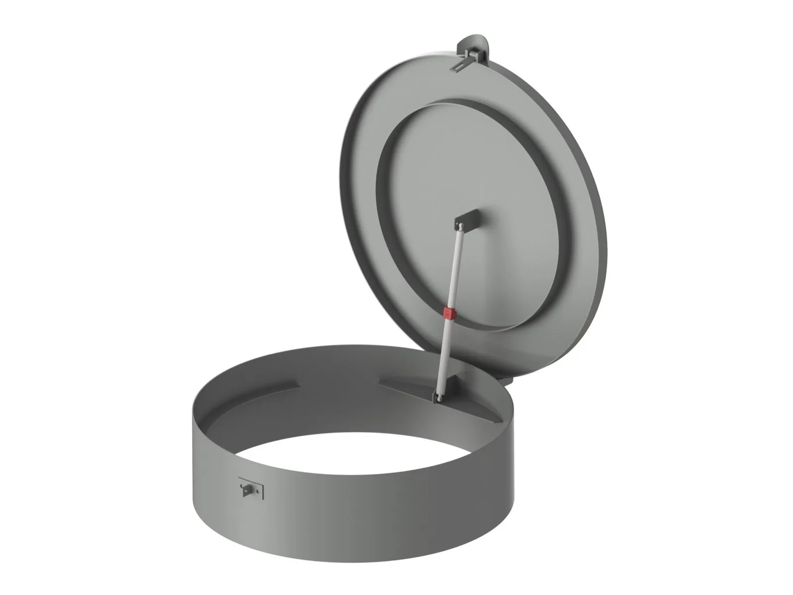 3D-illustration av en rund lucka med stos, öppet lock och gasfjäder